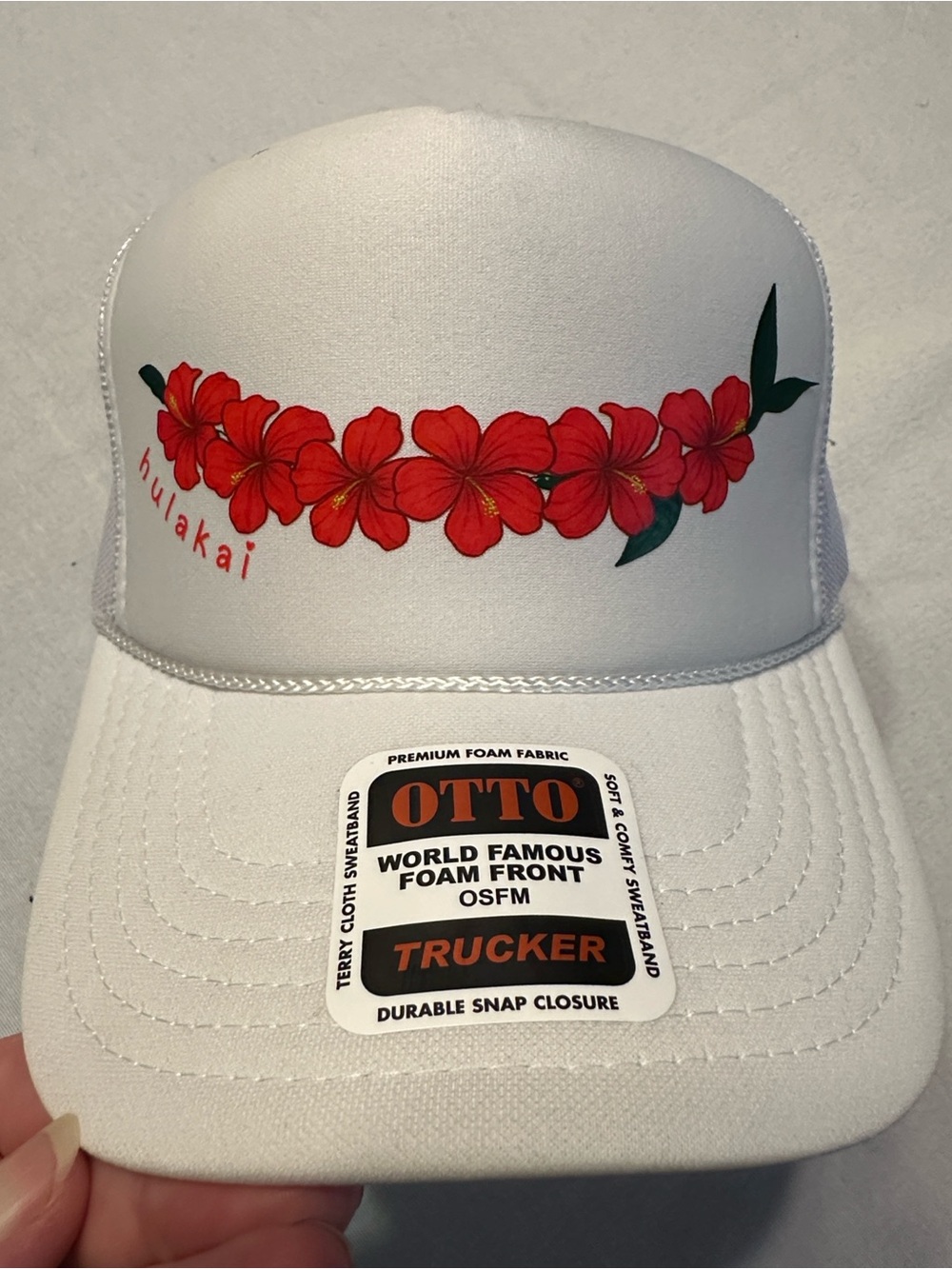 OTTO Hawaiian White Trucker Hat with Red Plumeria Garland
